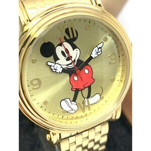 Disney Gold Tone Mickey Mouse Pointer Watch with Red Accents